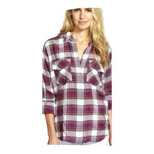 Sam Edelman Plaid Button down long sleeve role tab Rayon Plaid Shirt Size L
